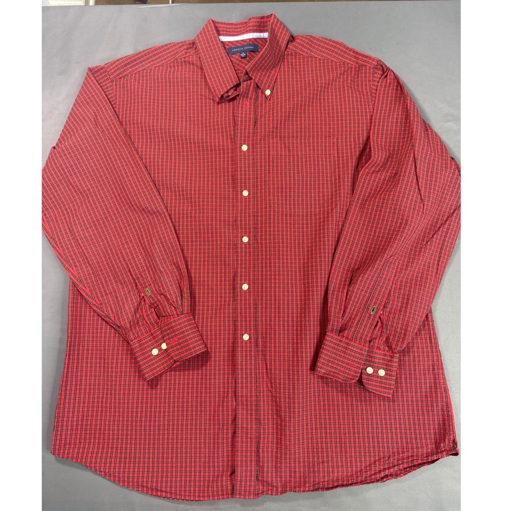 Tommy Hilfiger Mens XL Red Plaid Button Down Shirt Cotton 17 34-35 Long Sleeve